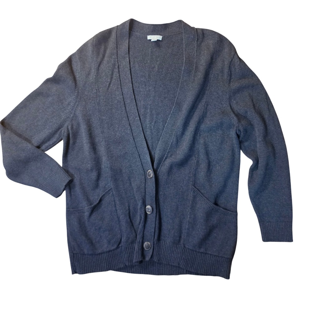 J. Jill Charcoal Gray Cotton Wool Cashmere Blend V-Neck Cardigan Sweater Large